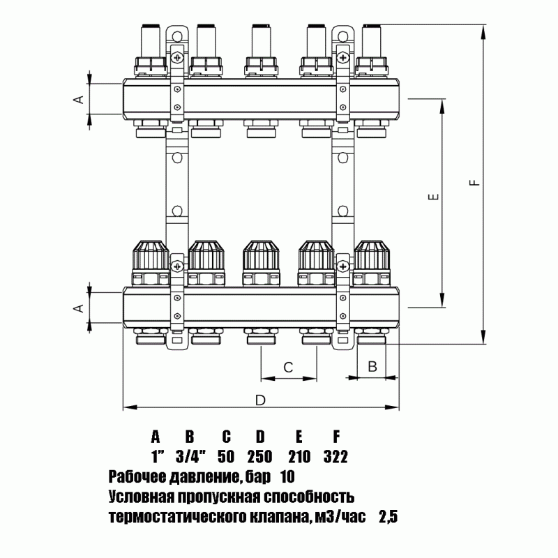 Латунний колектор "ITAL-therm" на 4 контури в зборі для теплої підлоги