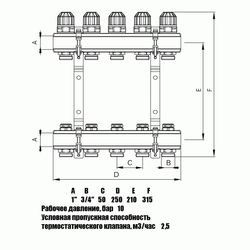 Колектор латунний "ITAL-therm" на 6 контурів для опалення і теплої підлоги