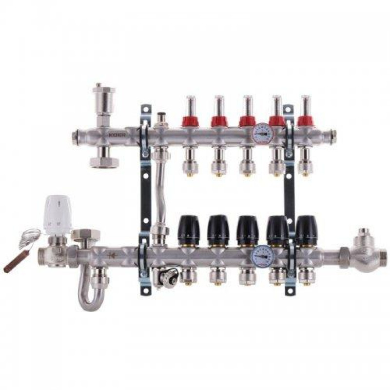 Колектор нержавіюча сталь Koer у зборі на 4 контури з боковим пвдключенням і байпасом