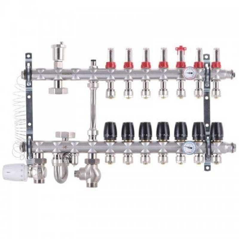 Колектор в зборі на 7 контурів з нержавійки (SUS304) з євроконусами (3/4-16мм), НИЖНЄ підключення