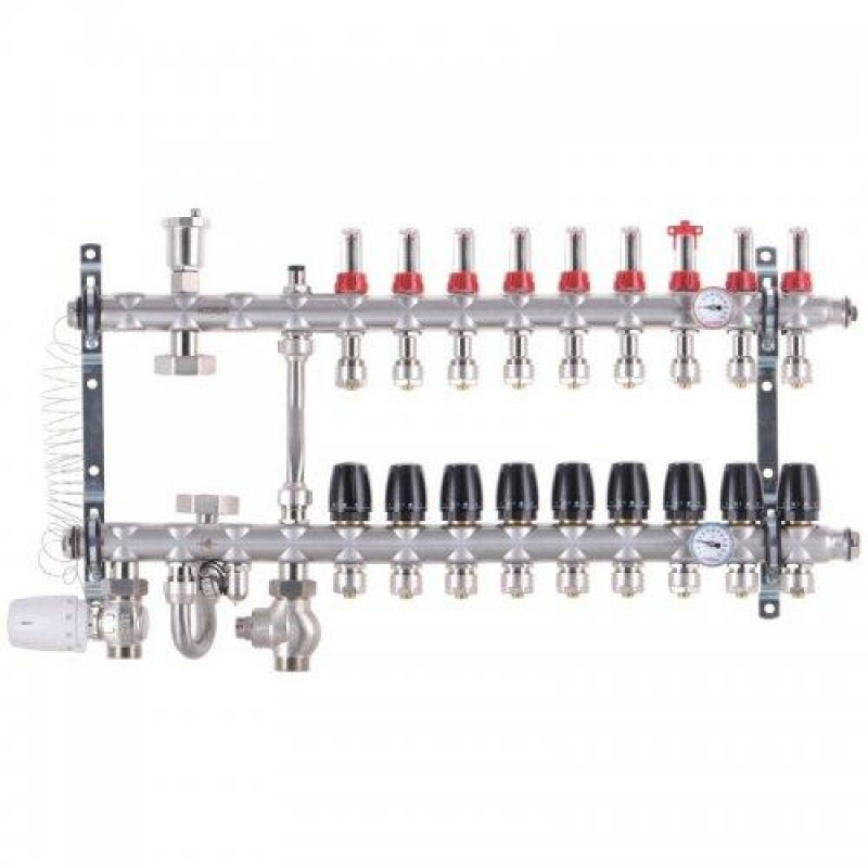 Колектор в зборі на 9 контурів з нержавійки (SUS304) з євроконусами (3/4-16мм), НИЖНЄ підключення
