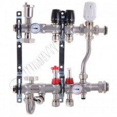 Колектор для теплої підлоги в складі на 2 контури з триходовим клапаном і бойпасом, неіржавка сталь