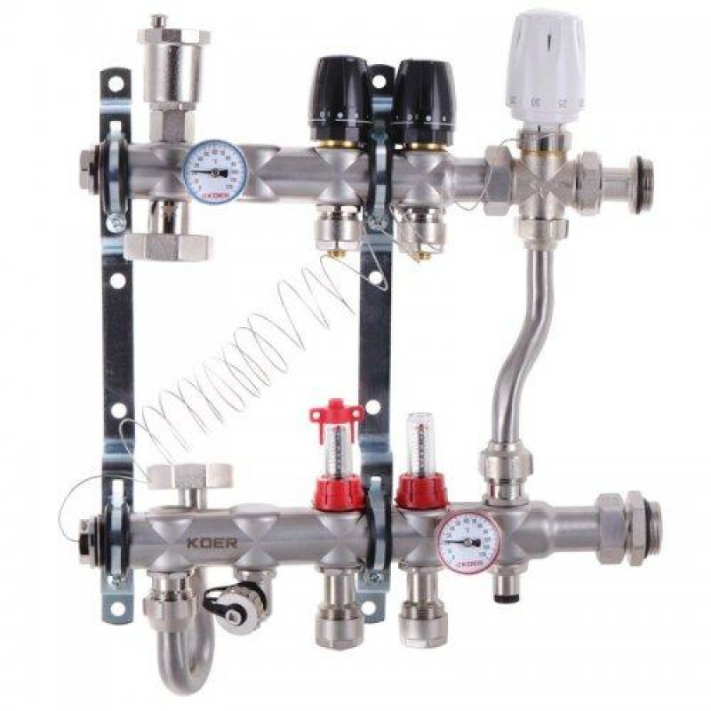 Колектор для теплої підлоги в складі на 2 контури з триходовим клапаном і бойпасом, неіржавка сталь