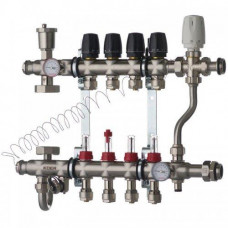 Колектор для теплої підлоги в складі на 4 контури з триходовим клапаном і бойпасом, неіржавка сталь