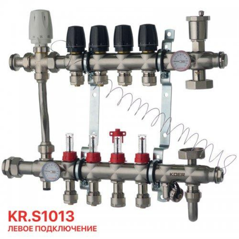 Колектор для теплої підлоги в складі на 4 контури з триходовим клапаном і бойпасом, неіржавка сталь