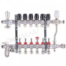 Колектор для теплої підлоги в складі на 6 контурів із триходовим клапаном і бойпасом, неіржавка сталь