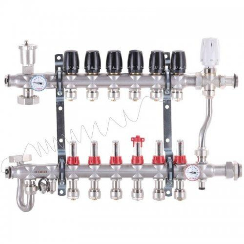 Колектор для теплої підлоги в складі на 6 контурів із триходовим клапаном і бойпасом, неіржавка сталь