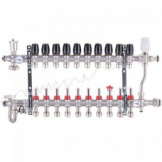 Колектор для теплої підлоги в складі на 10 контурів із триходовим клапаном і бойпасом, неіржавка сталь