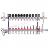 Колектор для теплої підлоги в складі на 11 контурів із триходовим клапаном і бойпасом, неіржавка сталь