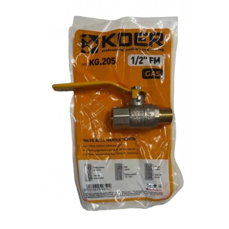 Кран газовий 1/2" Гайка-Штуцер "Важіль", "Koer"