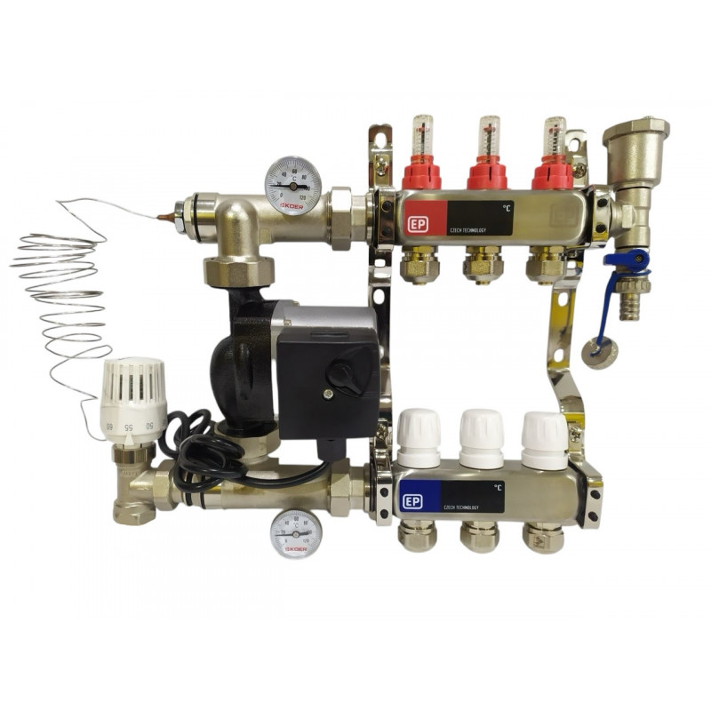 Колектор для теплої підлоги на 3 контури в зборі з насосом «Europroduct» НЕРЖАВІЙКА