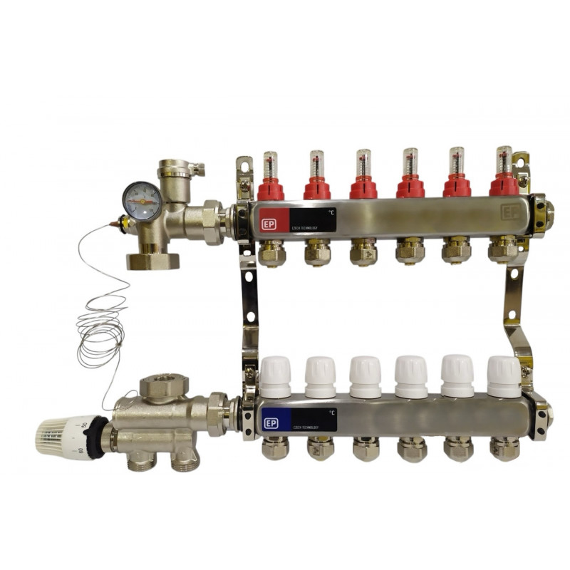 Колектор для теплої підлоги на 6 контурів у зборі, нижнє підключення, «Europroduct» НЕРЖАВІЙКА