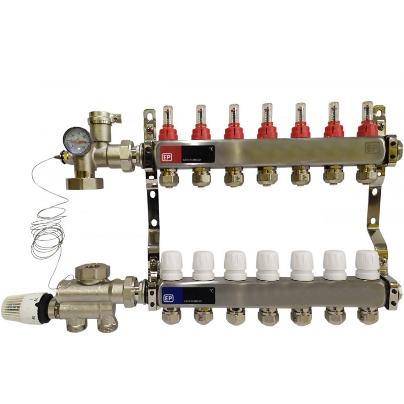 Колектор для теплої підлоги на 7 контурів у зборі, нижнє підключення, «Europroduct» НЕРЖАВІЙКА