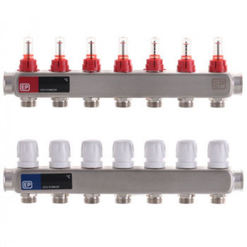 Колектор для теплої підлоги на 7 контурів у зборі, нижнє підключення, «Europroduct» НЕРЖАВІЙКА
