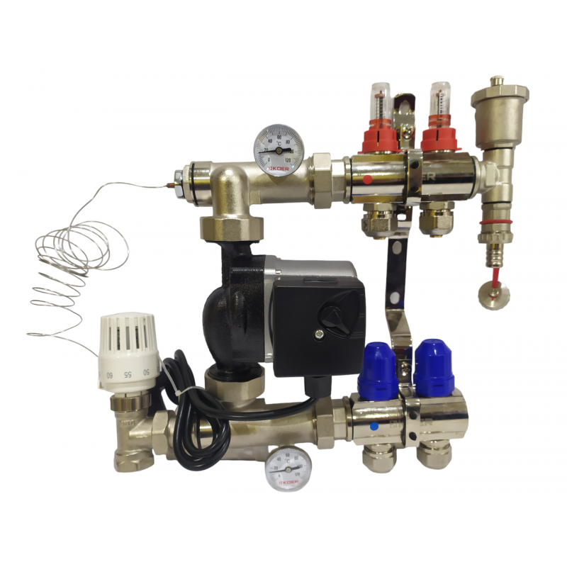 Колектор для теплої підлоги на 2 контури в зборі з насосом (комплект) "KOER" латунний,