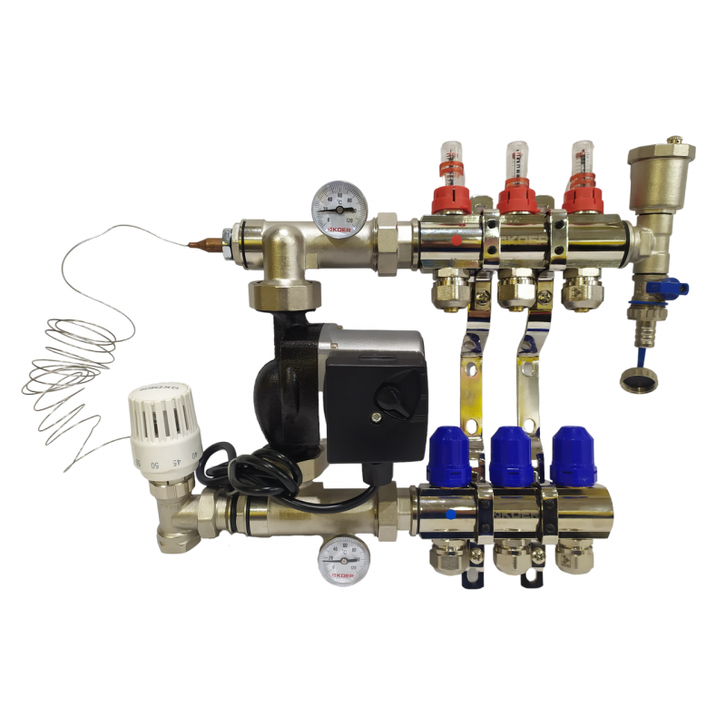 Колектор для теплої підлоги на 3 контури в зборі з насосом (комплект) "KOER" латунний,