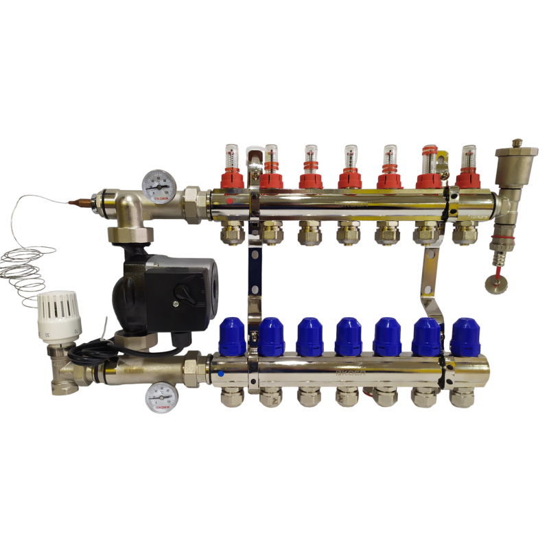 Колектор для теплої підлоги на 7 контурів у зборі з насосом (комплект) "KOER" латунний