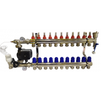 Колектор для теплої підлоги на 11 контурів у зборі з насосом (комплект) "KOER" латунний