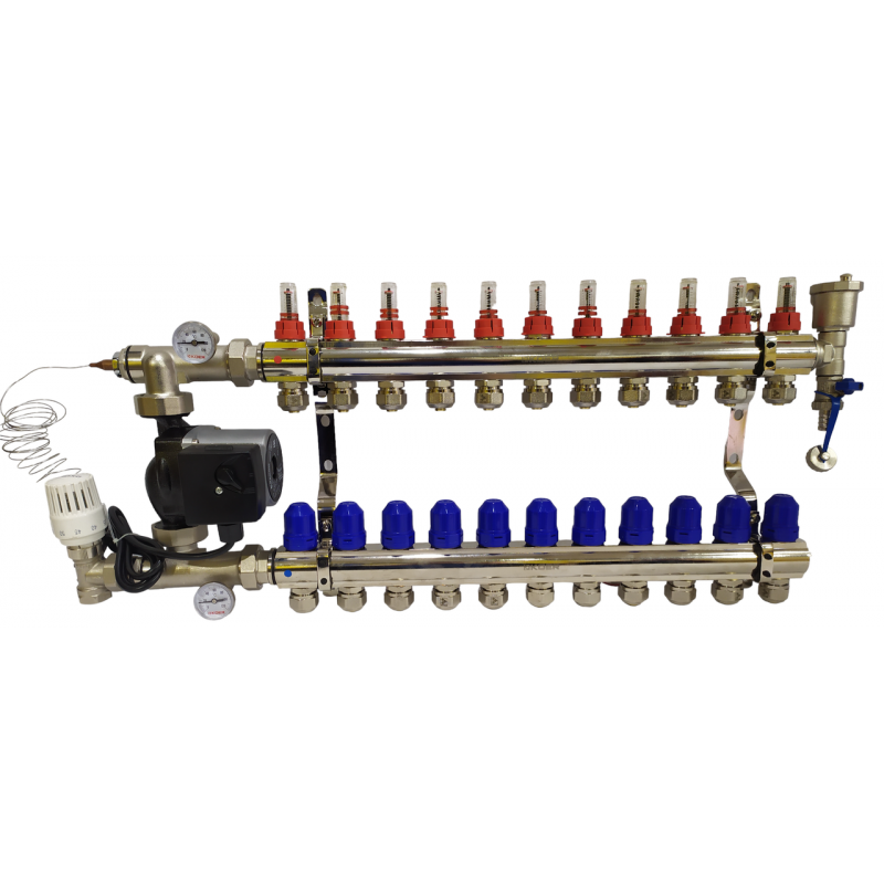 Колектор для теплої підлоги на 11 контурів у зборі з насосом (комплект) "KOER" латунний
