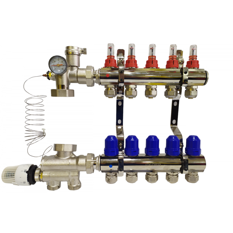 Колектор для теплої підлоги на 5 контурів з нижнім під'єднанням (у зборі) "KOER" латунний.