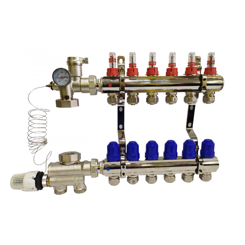 Колектор для теплої підлоги на 6 контурів з нижнім підключенням (у зборі) "KOER"  латунний