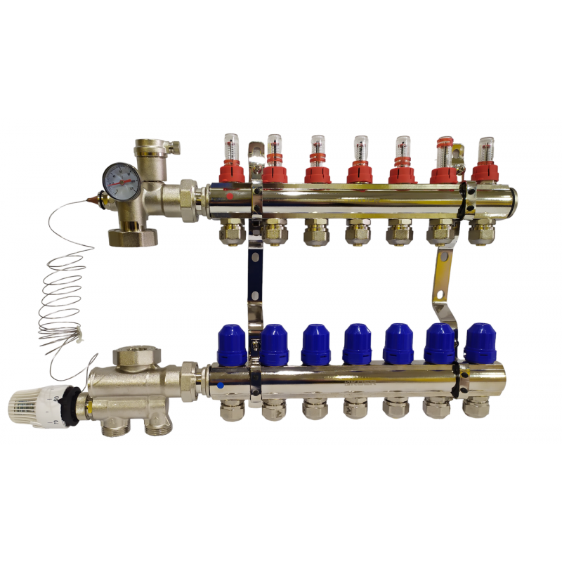 Колектор для теплої підлоги на 7 контурів з нижнім під'єднанням (у зборі) "KOER" латунний.