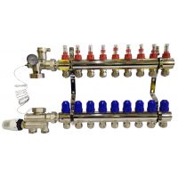 Колектор для теплої підлоги на 9 контурів з нижнім під'єднанням (у зборі)  "KOER" латунний.