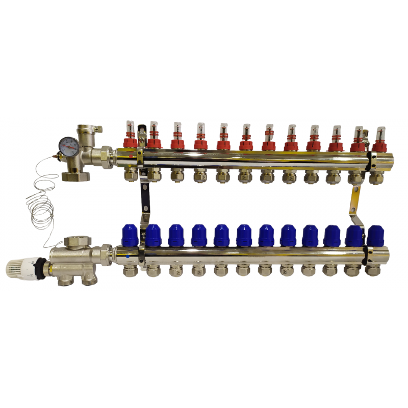 Колектор для теплої підлоги на 12 контурів з нижнім під'єднанням (у зборі) "KOER" латунний.