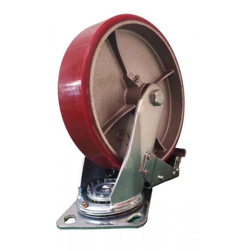 Колесо 200 мм поворотне з гальмом, чавун/поліуретан, навантаження до 500 кг