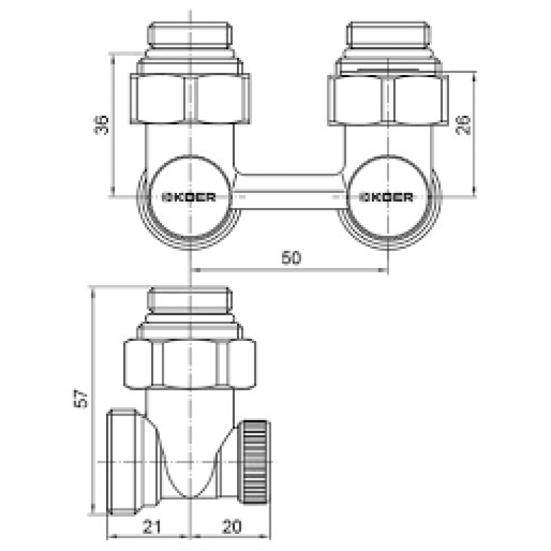 Вузол нижнього підключення радіатора (кутовий) 3/4" ("БІНОКЛЬ"), "Koer" Чехія