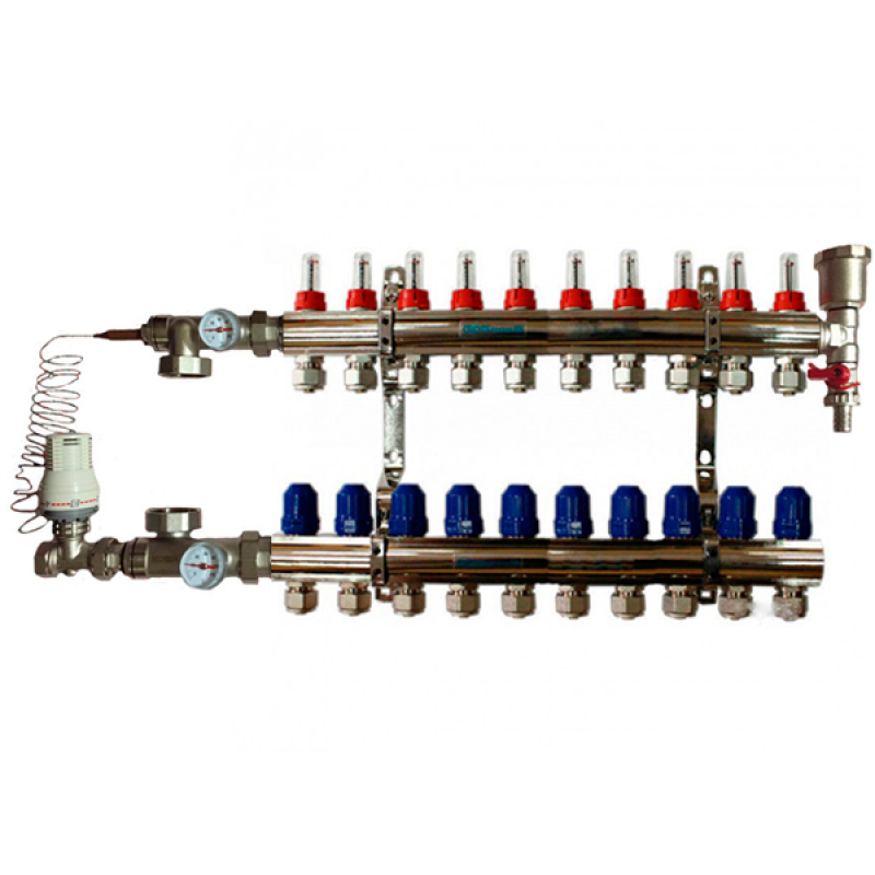 Колектор для теплої підлоги "GROSS" у складі на 10 контурів, латунний.