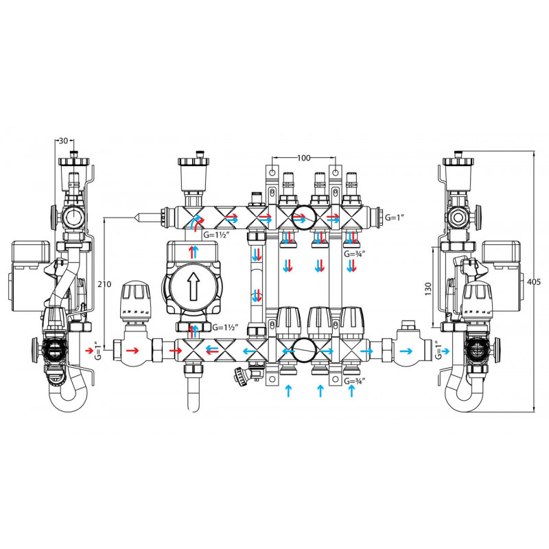 Колектор з вбудованим змішувальним вузлом в зборі на 4 контурів, нержавіюча сталь (SUS304)
