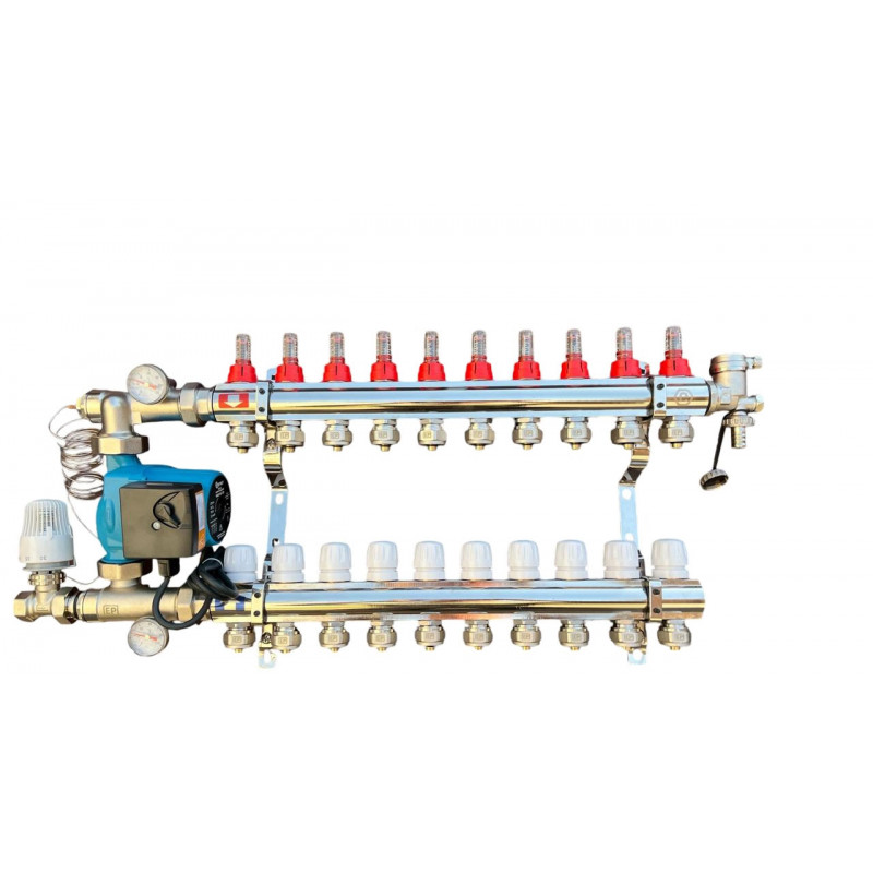 Колектор для теплої підлоги в складі на 10 контурів із насосом латунний "EUROPRODUCT"