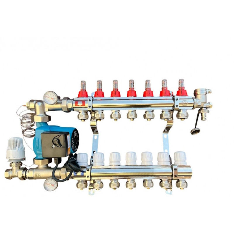Колектор для теплої підлоги в складі на 7 контурів із насосом латунний "EUROPRODUCT"