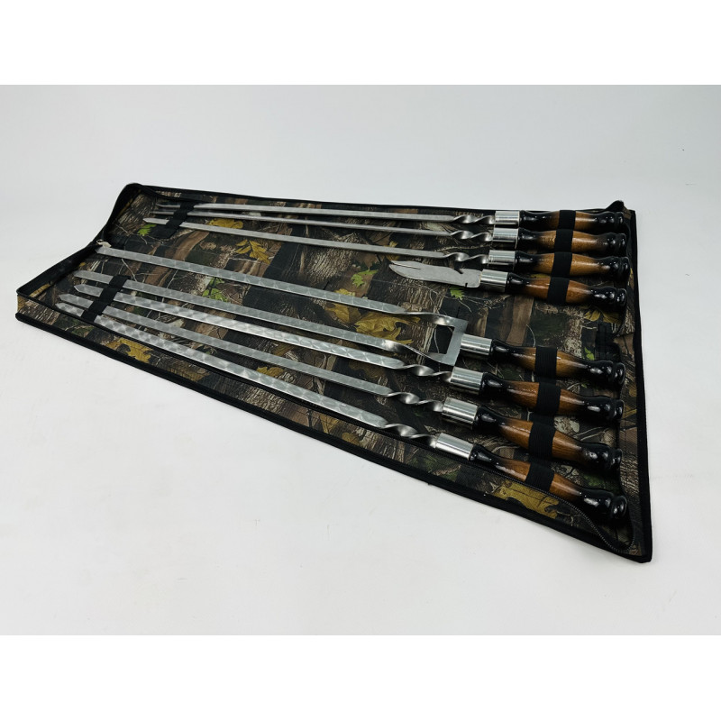 Набір шампурів в чохлі ПРЕМІУМ, (6 штук, подвійний шампур, вилка-ніж для зняття + чохол)