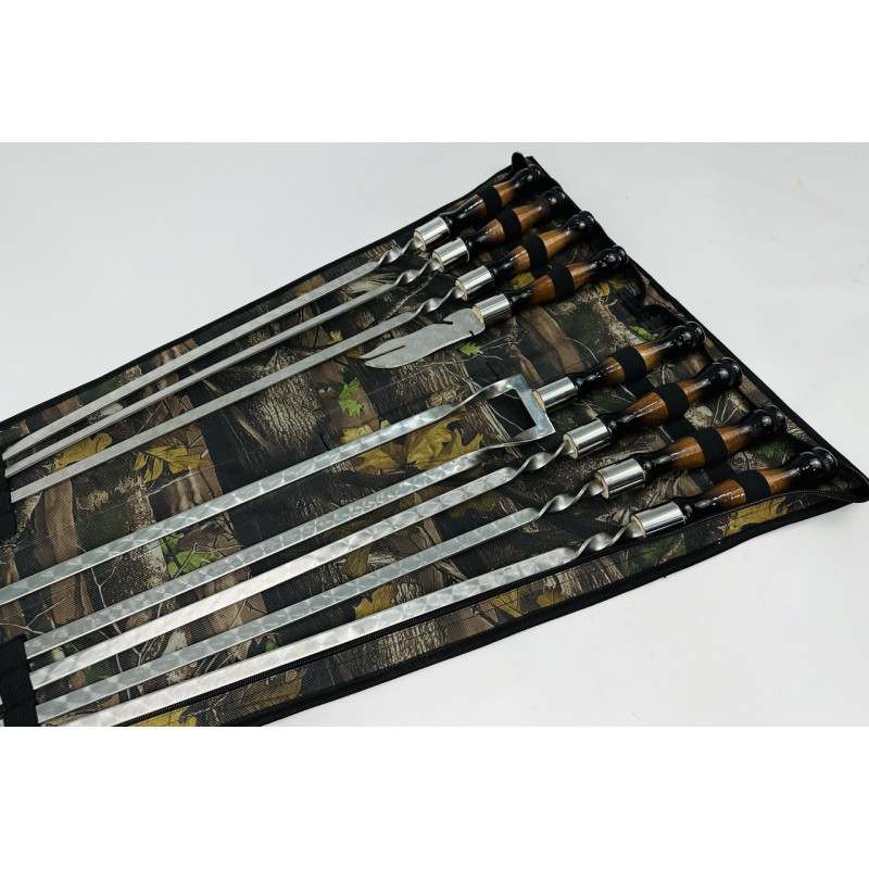 Набір шампурів в чохлі ПРЕМІУМ, (6 штук, подвійний шампур, вилка-ніж для зняття + чохол)