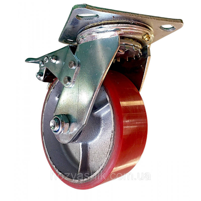Колесо 125 мм поворотное с тормозом, чугун/полиуретан, нагрузка до 320 кг