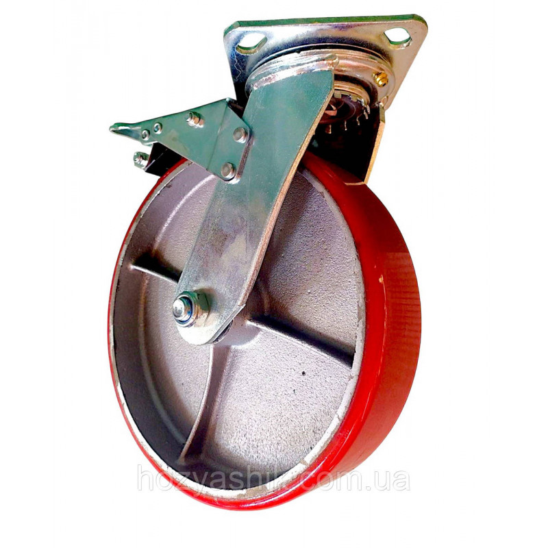 Колесо 200 мм поворотне з гальмом, чавун/поліуретан, навантаження до 500 кг